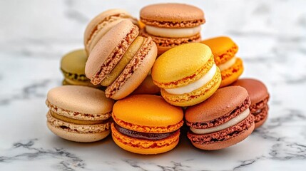 Obraz premium A collection of colorful macarons arranged on a marble surface, displaying their vibrant colors.