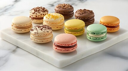 Obraz premium Colorful macarons neatly placed on a marble surface, highlighting their bright, eye-catching colors.
