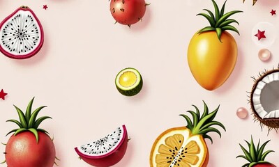 A whimsical pattern of tropical fruits such as mangos, dragon fruits, and coconuts, colorful and fun - Powered by Adobe