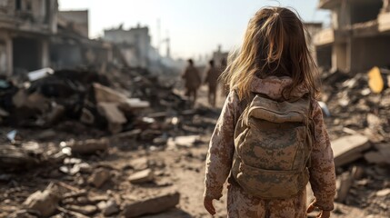 A young child wearing a backpack walks through a desolate, war-torn area, with a sense of determination and resilience against the background of destroyed buildings.