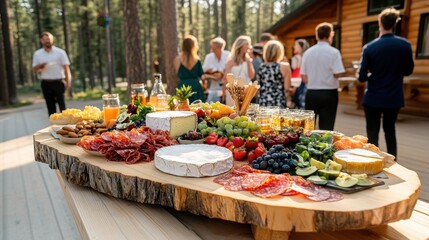 Rustic Wooden Board with Charcuterie and Fruit.