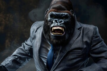 Obraz premium A snarling gorilla wears a gray suit and blue tie.
