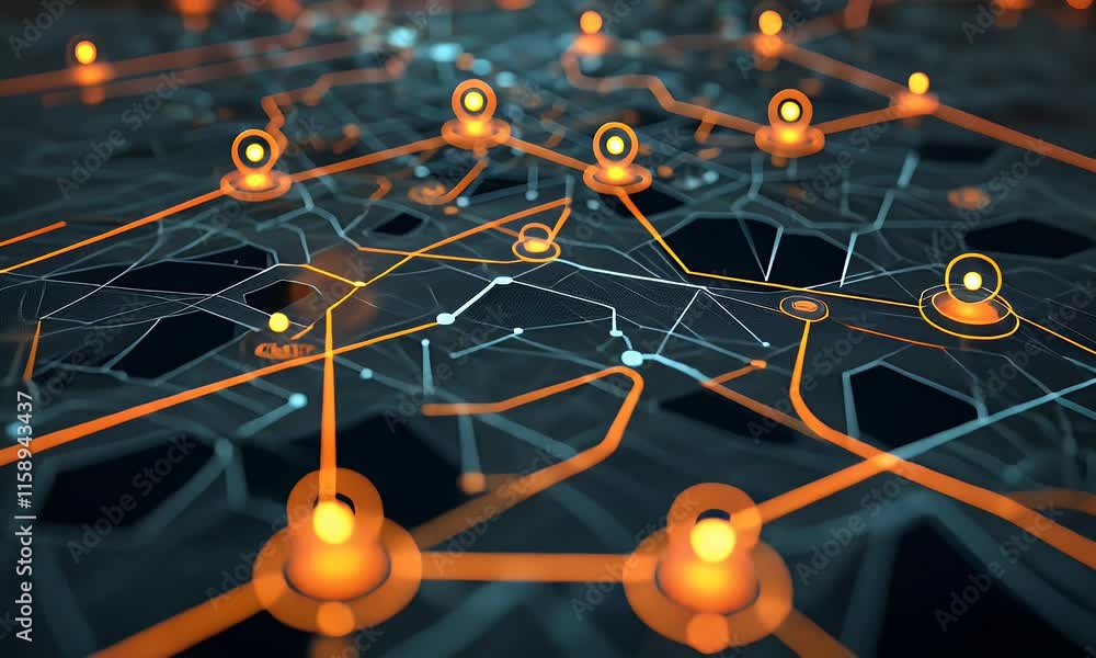 Poster a digital map featuring interconnected location pins, symbolizing global network connectivity and ge