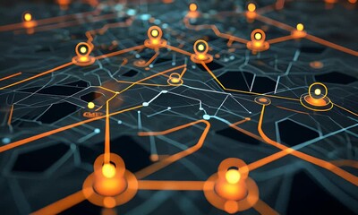 A digital map featuring interconnected location pins, symbolizing global network connectivity and geographic information technology. 4K Animation concept of geolocation maps for business.