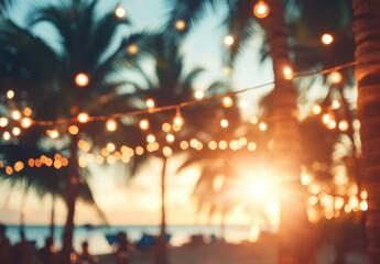 Beautiful tropical sunset with palm trees and glowing string lights creating a dreamy atmosphere on a sandy beach, perfect for vacation moments and relaxation.