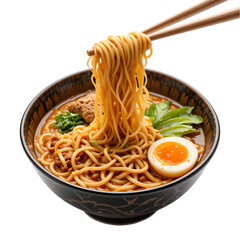Delicious ramen noddles with softboiled eggs and spicy seasoning on a transparent background