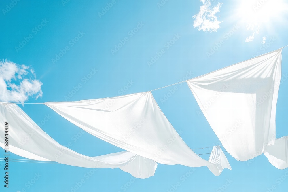 Poster bright white clothes drying on a line under a sunny blue sky with ample space for text or design ele