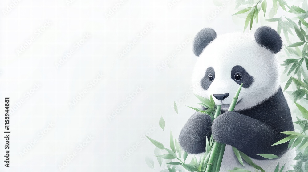 Aufkleber enjoyment of a panda chewing bamboo in a tranquil setting with plenty of space for creative text pla