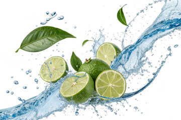 Limes are depicted in a refreshing splash of water, surrounded by green leaves and droplets. The composition conveys a sense of freshness and vitality. AI generated.