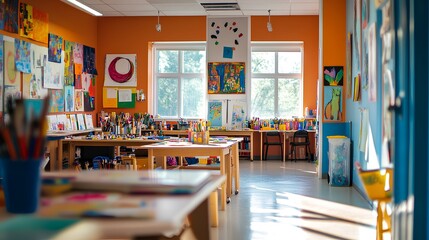 A bright, colorful art classroom filled with supplies, artwork, and natural light, creating an inspiring environment for creativity and learning.