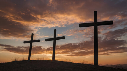 Three Crosses at Sunset: A poignant silhouette of three crosses stands against a breathtaking sunset, evoking feelings of faith, hope, and remembrance.