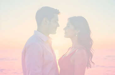 Fototapeta premium Romantic couple gazing at each other during a pastel-hued sunset. Perfect for use in romantic cards, dating app banners, or lifestyle blogs. Selective focus