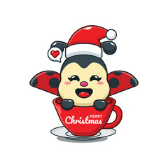 Cute ladybug wearing Santa Claus hat in cup cartoon vector illustration.