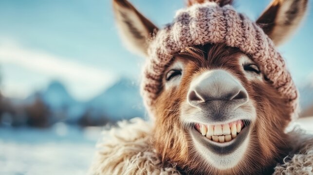 A smiling donkey with a knitted hat and fur coat in a snowy landscape presents a humorous and whimsical scene that evokes warmth and cheerfulness.