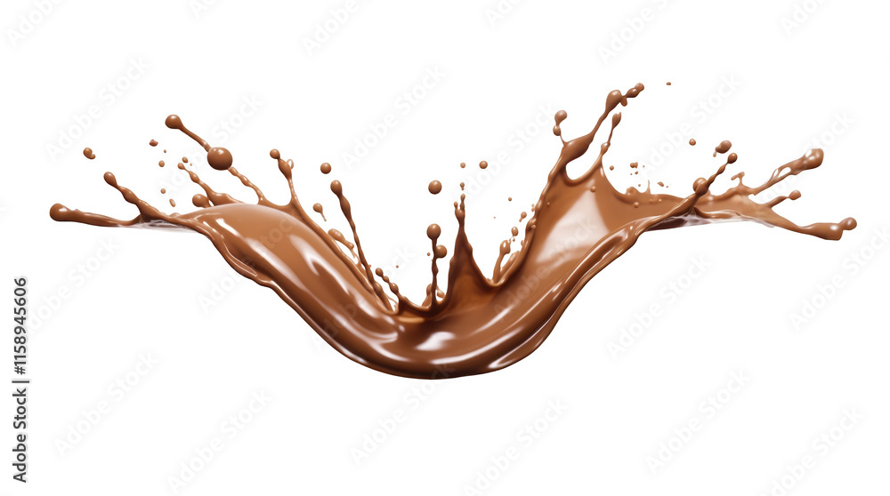 Poster 3d creamy chocolate splash in a smooth crown shape with droplets, isolated on transparent background