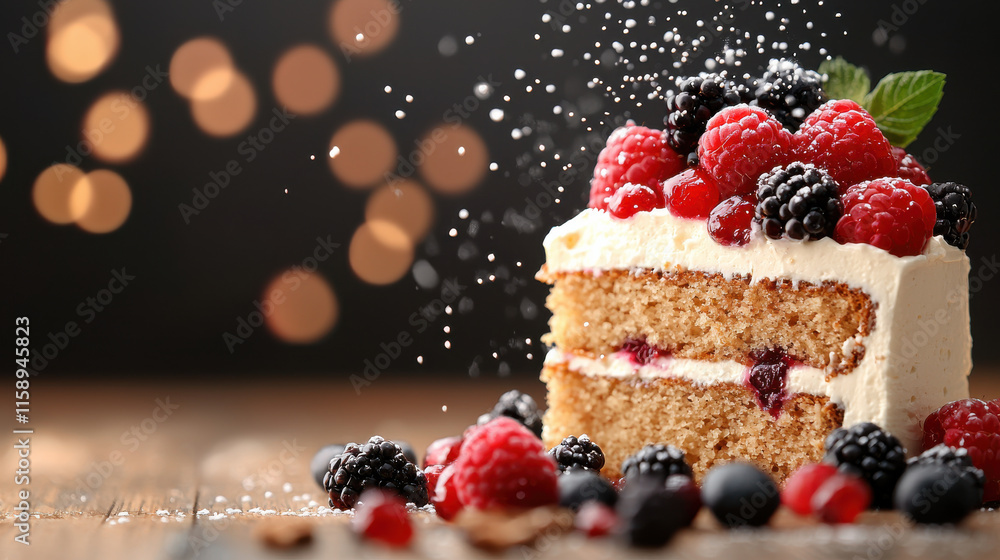 Aufkleber close up of delicious slice of cake topped with fresh berries, including raspberries and blackberrie