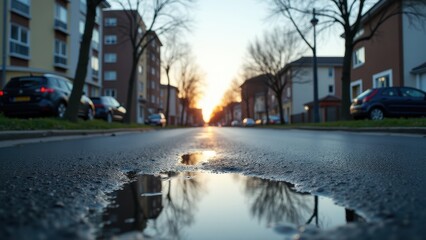 Fototapeta premium Puddles after thaw, Urban street with clear puddles reflecting the sky, detailed, photorealistic.