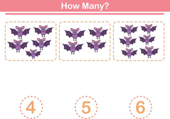 Counting game of cute bats for preschool kids. Printable. Vector Illustration