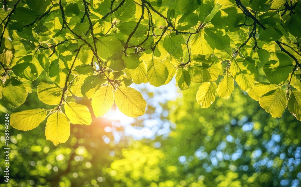 Poster bright green leaves and sunlight filtering through trees in a lush forest with soft focus background