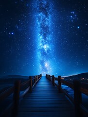 Wooden pier leading to a vibrant Milky Way galaxy at night.