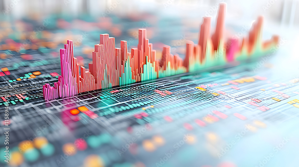 Poster 3d rendered colorful data graph on digital screen showing market trends and financial data analysis.
