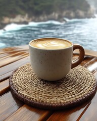 Latte art coffee by ocean.