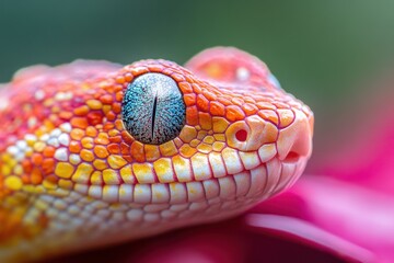 Fototapeta premium Close-up of a vibrant orange and yellow snake's head, showcasing its detailed scales and captivating eye. Perfect for illustrating reptile themes, nature documentaries, or exotic pet websites.