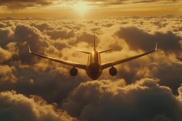 Aircraft soaring above clouds during sunset over a scenic horizon at a high altitude