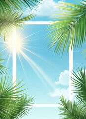 Bright Tropical Background with Sunlight and Palm Leaves Framing a Clear Blue Sky, Ideal for Summer or Vacation-Themed Designs and Projects