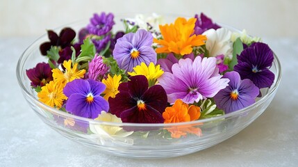   A vase brimming with purples, yellows, and oranges, atop a white countertop adjacent to a white wall
