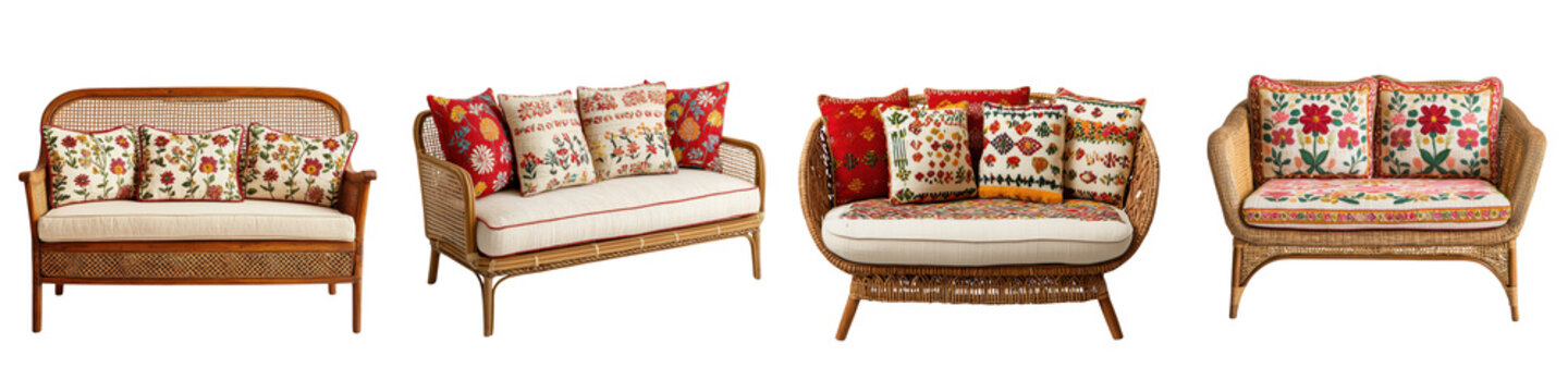 Charming rattan and floral patterned living room furniture set including a loveseat armchair and coffee table with intricate designs and plush cushions creating a cozy and inviting atmosphere