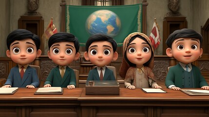 Five animated children seated at a conference table.