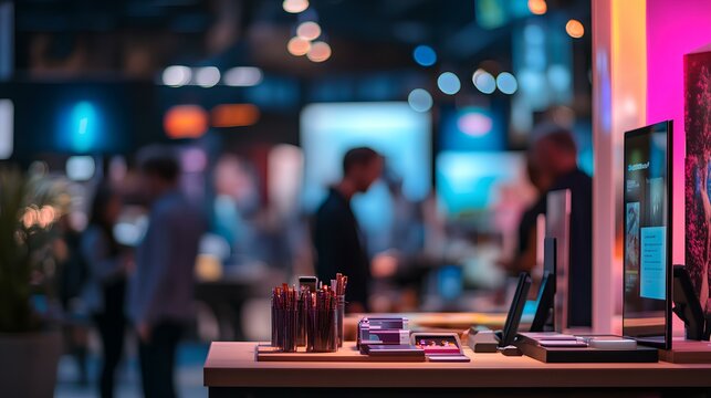 A vibrant exhibition scene featuring a table with pens and brochures, set against a backdrop of blurred visitors and colorful lighting.