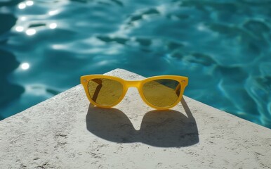 Bright Yellow Sunglasses Resting on a Poolside Edge, Surrounded by Clear Water, Perfect for Summer and Vacation Vibes
