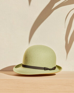 A close-up of a traditional green bowler hat with a black ribbon, displayed on a neutral wooden surface with soft lighting.