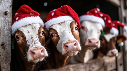 Four curious cows wearing festive Santa hats are peering out from a rustic barn, capturing a charming and humorous rural holiday scene in a farm setting.