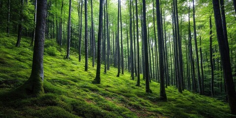 Breathtaking scenic view showcasing the beauty of a beech forest, with tall trees and lush greenery creating a serene atmosphere in this captivating beech forest landscape.