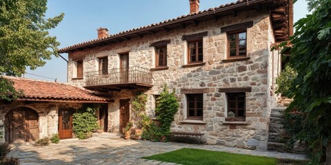Obraz premium Charming traditional old stone house showcasing historical architecture, reflecting the essence of a bygone era. The traditional old stone house stands out with its unique character and timeless