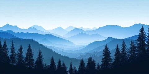 Obraz premium Panoramic view showcasing layered mountain silhouettes beneath a clear blue sky, complemented by evergreen trees in the foreground, creating a stunning natural landscape scene.