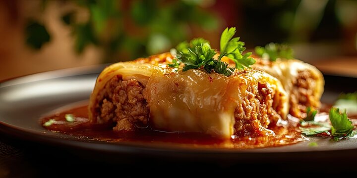 Closeup macro shot of sarma featuring minced meat on a plate, beautifully illuminated by backlight, highlighting the intricate details of the sarma dish. Perfect for food photography enthusiasts.