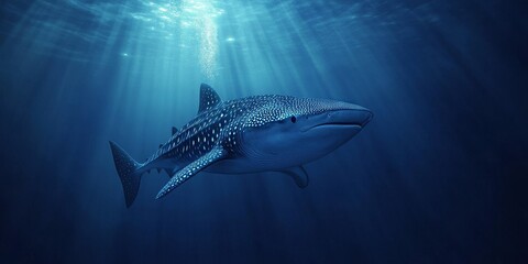 Fototapeta premium Majestic whaleshark Rhincodon typus gliding smoothly through the deep waters, showcasing the serene beauty of the whaleshark as it moves effortlessly in its aquatic habitat.