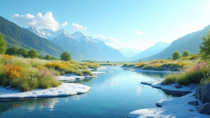 Fototapeta premium Spring thaw, River with melting ice, blooming wildflowers, clear skies.