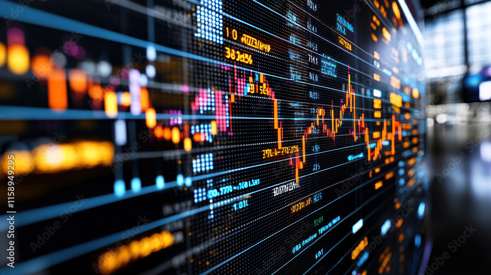 Poster digital stock market display showing rise in financial data trends, with colorful graphs and numbers indicating market performance and fluctuations