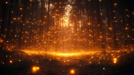 Magical forest with fireflies.