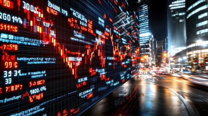 Fototapeta premium digital stock market display shows rise in financial data, with vibrant red and green numbers reflecting market trends. city skyline adds dynamic urban backdrop