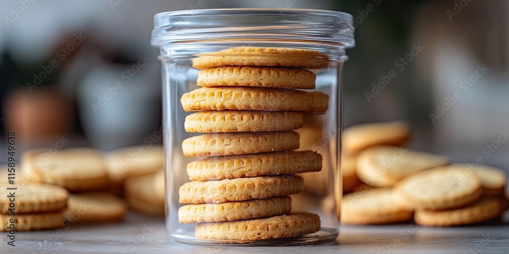 Poster Close up view of a stacking of biscuits arranged inside a plastic jar, showcasing the delightful details of the biscuits in an appealing presentation. These biscuits are perfectly stacked.