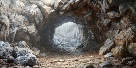 Detailed rocky cave entrance showcasing intricate stone wall textures, perfect for illustrating the beauty of natural formations. Explore the enchanting rocky cave entrance through this image.