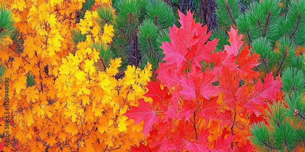 Poster vibrant autumn leaves showcase the stunning color of maple and pine trees, creating a beautiful disp