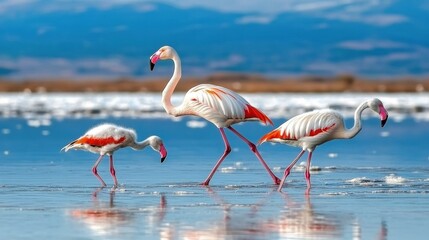 Obraz premium Flamingo Family in Shallow Water.