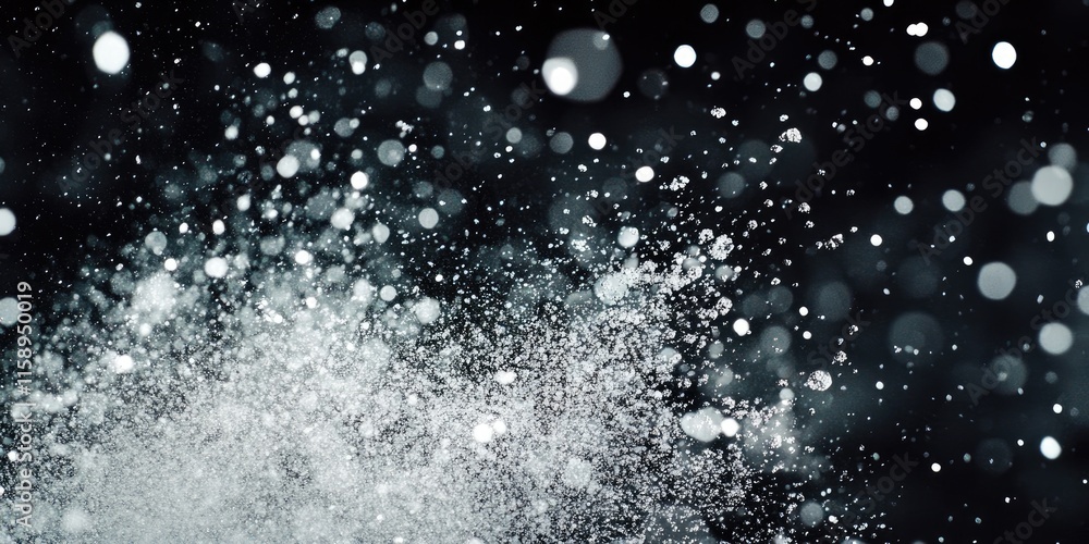 Poster abstract splashes of rain intermingle with white particles against a dark backdrop, creating a capti